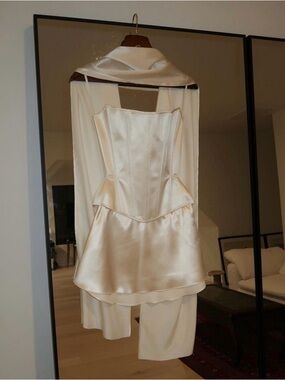 Champagne custom satin skirt and corset set with neck scarf - custom size / US 6